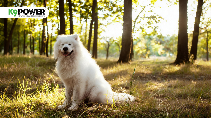 Happy white Samoyed female dog sitting in sunlit woodland — K9 Power health and wellness supplements for dogs