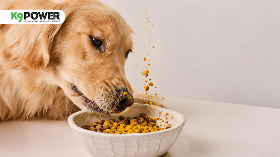 Golden Retriever eating K9 Power supplement mixed into daily bowl for dog health and wellness