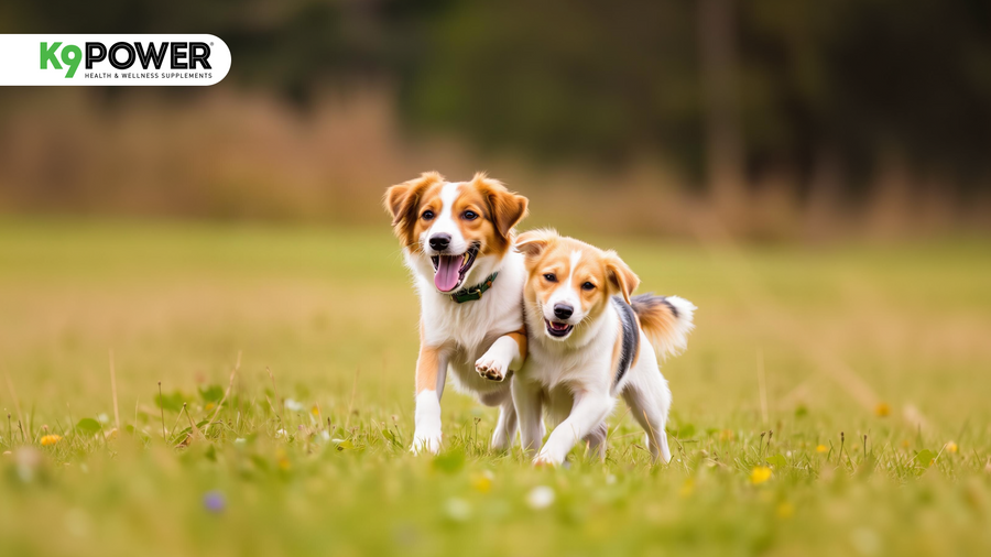 Two energetic dogs running and playing outdoors — K9 Power performance nutrition for active and working dogs