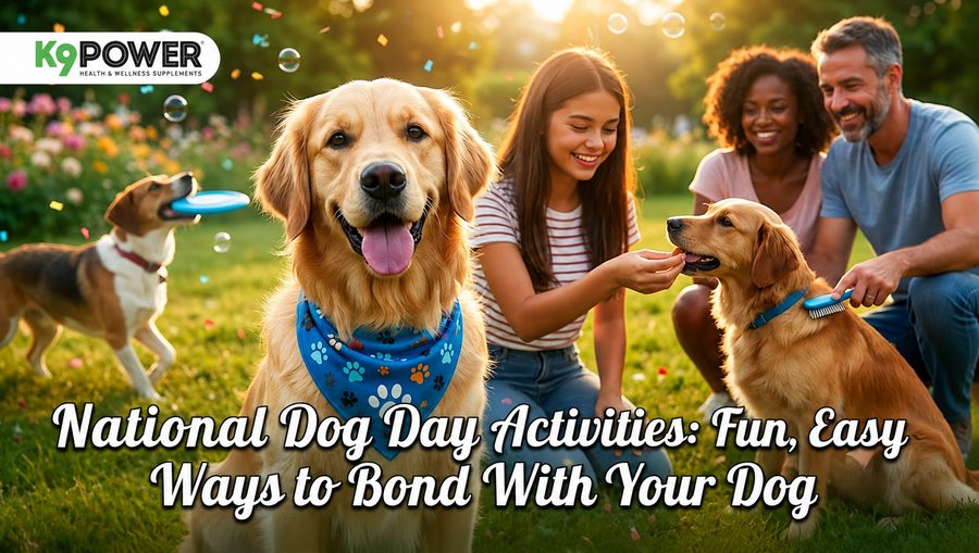 Happy golden retriever in a blue paw-print bandana with a smiling family bonding outdoors on National Dog Day, K9 Power blog.