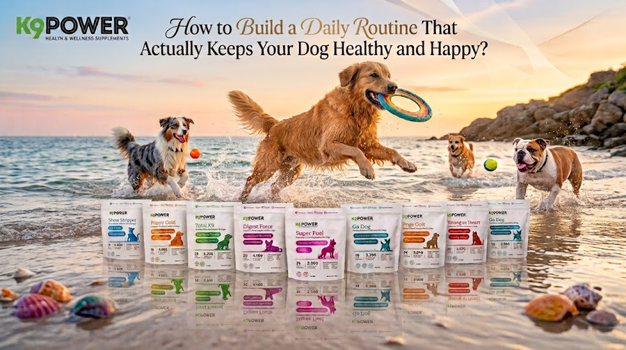 K9 Power dog health supplements displayed on beach with three active dogs playing, healthy dog daily routine guide banner.
