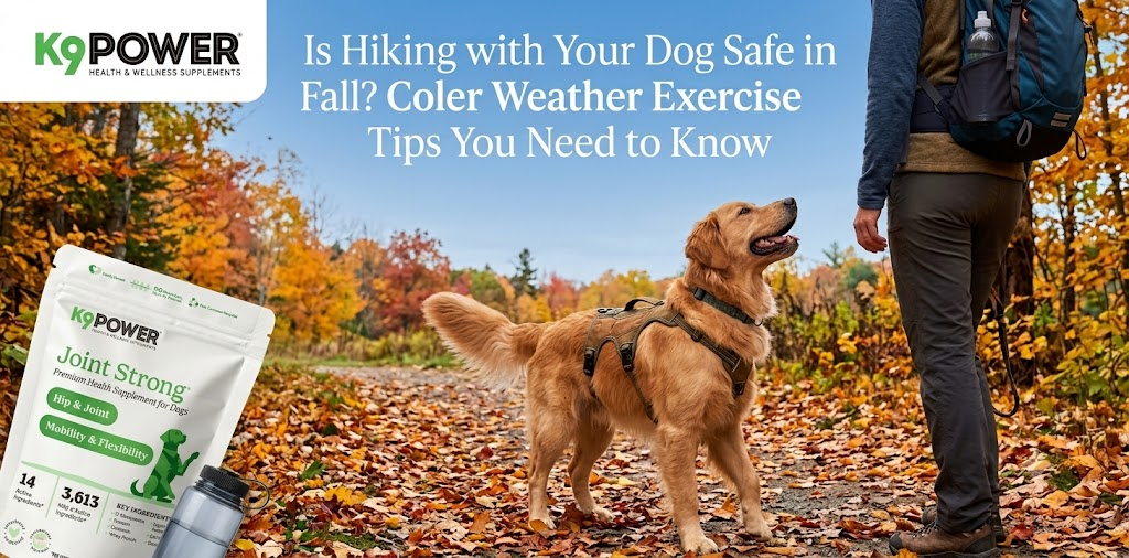 K9 Power Joint Strong supplement with a golden retriever and owner hiking on a fall trail covered in colorful autumn leaves.